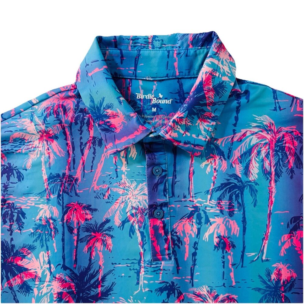 Birdie Bound Polo Shirt Mens M Blue Palm Tree Print Golf Stretch Performance